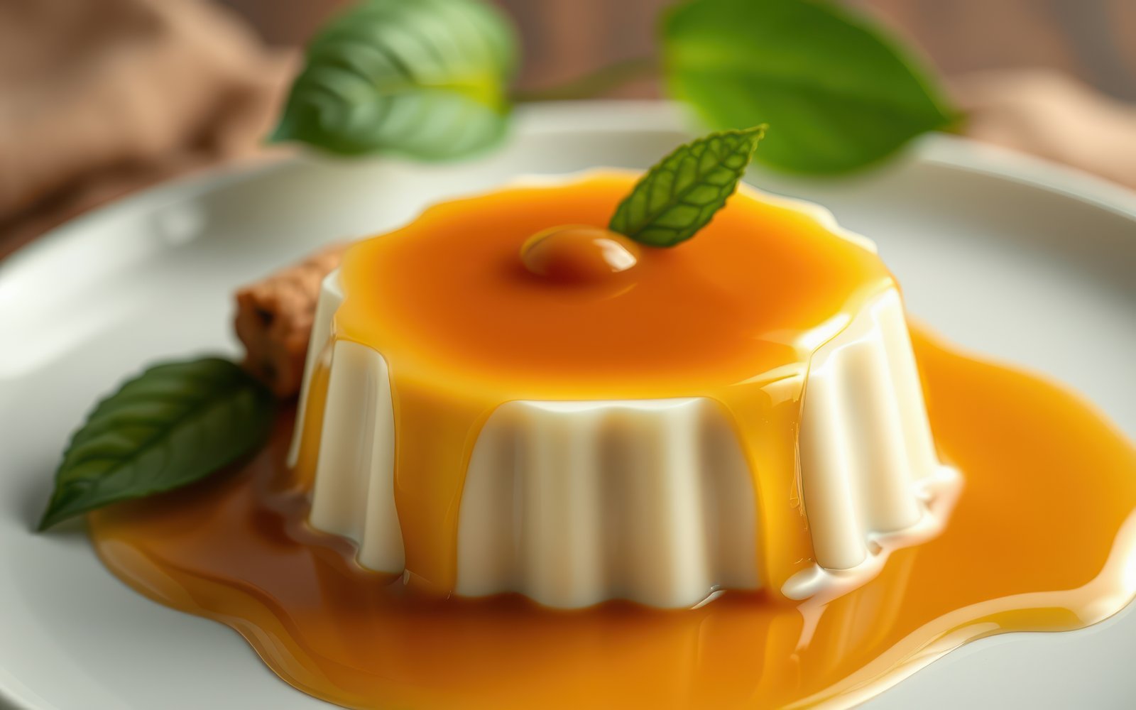 A creamy white panna cotta topped with a sweet caramel sauce and a fresh mint leaf